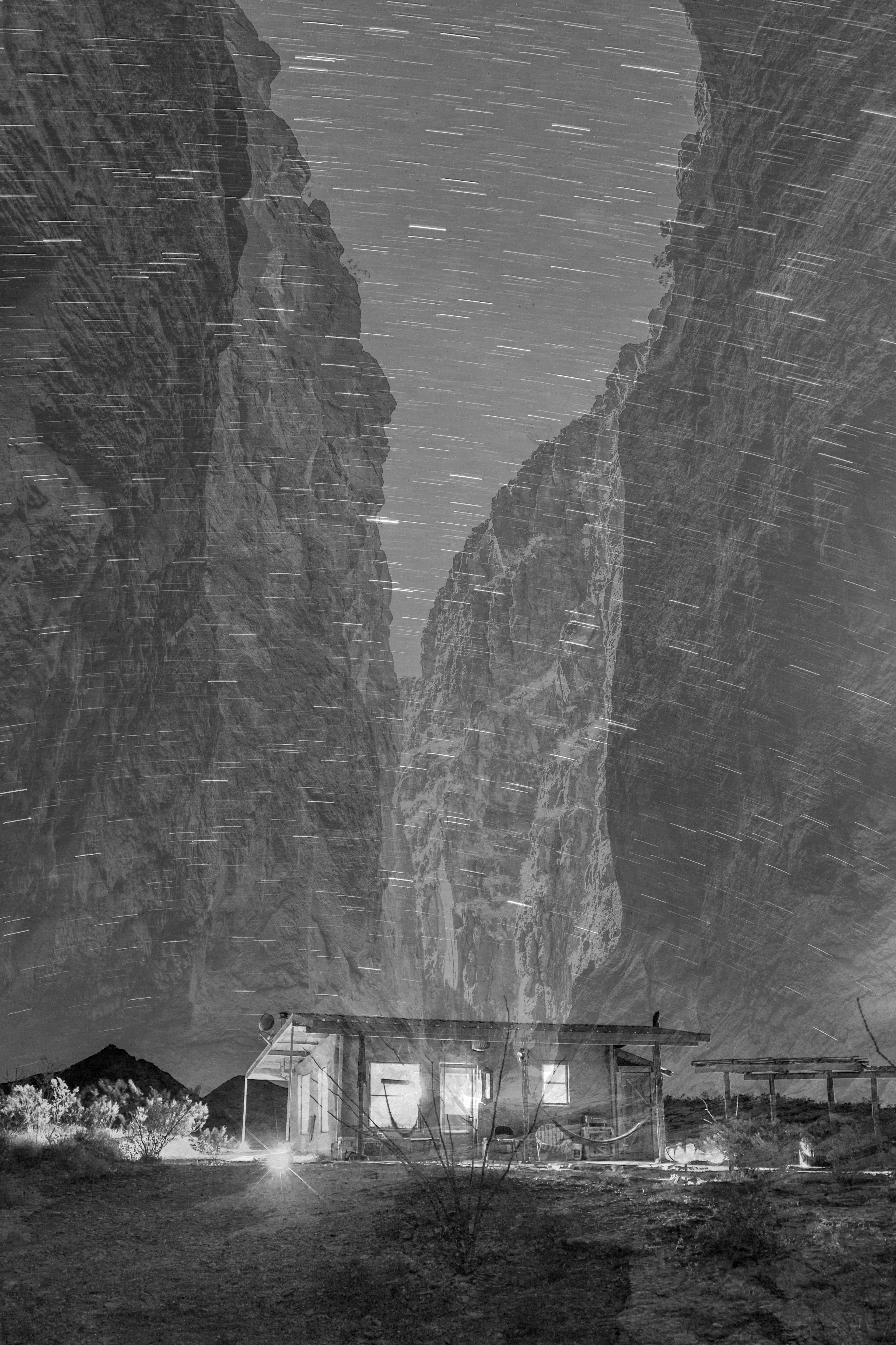 starry night with mountain cabin abstract double exposure